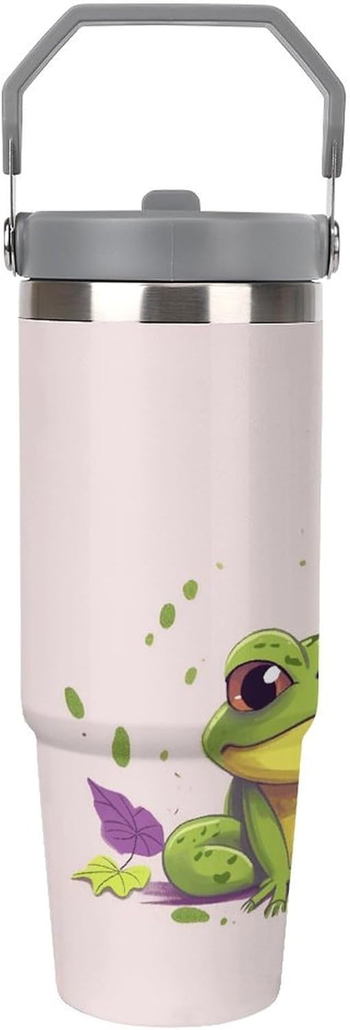Leaves And Frog Water Bottle 30 Oz Fits Car Cup Holder,Insulated Coffee Mug Large Capacity Car Cups,Stainless Steel Double Wall Sport Bottle for Travel Sports Gym