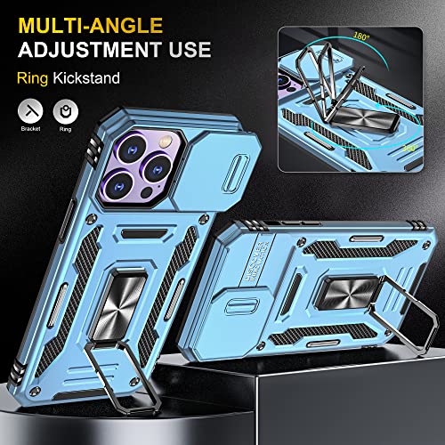 Image of Polycarbonate Slide Camera Cover with Ring Holder Mobile Phone Back Cover for iPhone 14 Pro (Blue)