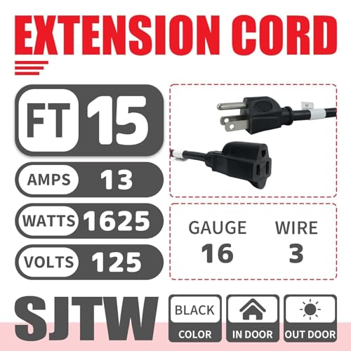Image of EP 15FT Outdoor Extension Cord, 16 /3 SJTW Heavy Duty Black, ETL Listed