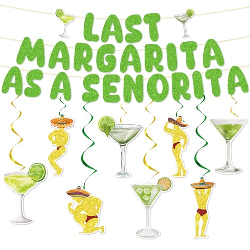 Image of Margs & Matrimony Bachelorette Decorations - 11PCS Margarita Party Decoration Last Margarita as A Senorita Banner Hanging Swirls Decor Bridal Shower Wedding Party Supplies