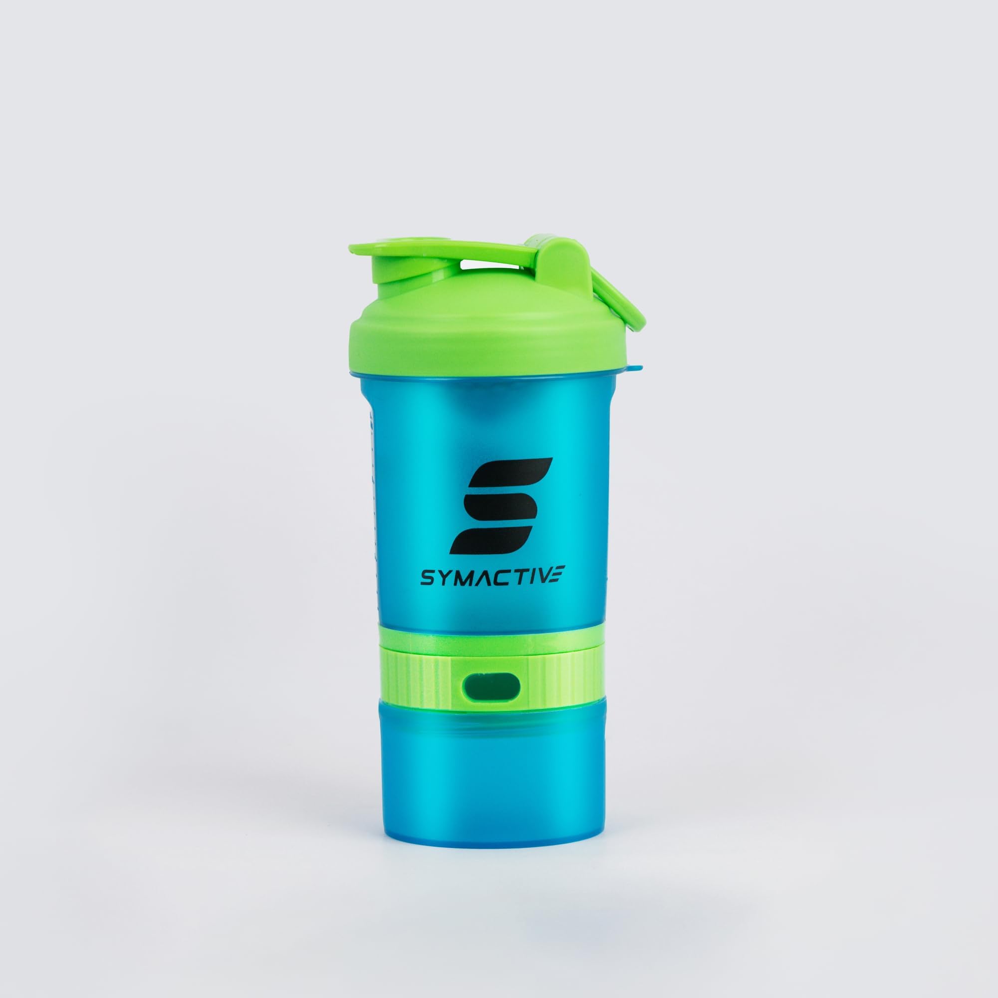 Amazon Brand - Symactive Premium Leakproof Unbreakable Sports Shaker Bottle with Strainer, Storage & Pill Box, Large Spout, Flip Lid & Handle, BPA-Free (Color: Blue, 400 ml), Plastic