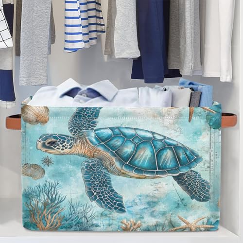 Image of Turquoise Turtle Storage Baskets for Organizing, Fabric Collapsible Storage Bins Box Ocean Seashell Decorative Toy Organizer Baskets for Closet Shelves Gift Basket 1 Pc