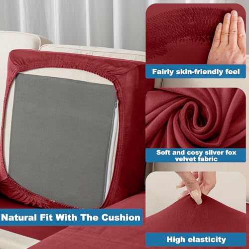 Image of Couch Cover 3-Piece Elastic Velvet Couch Cushion Covers & Chaise Slipcovers for L-Shaped Sofas, Sofa Seat Covers Washable, Soft Cover for Couches (2 Seater + Chaise, Christmas Red)