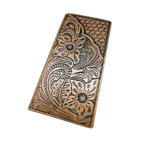 Men’s Long Leather Rodeo Wallet – Hand Tooled Basketweave, Brown Cowhide Inlay, Lone Star Concho – Western Checkbook Bifold Wallet
