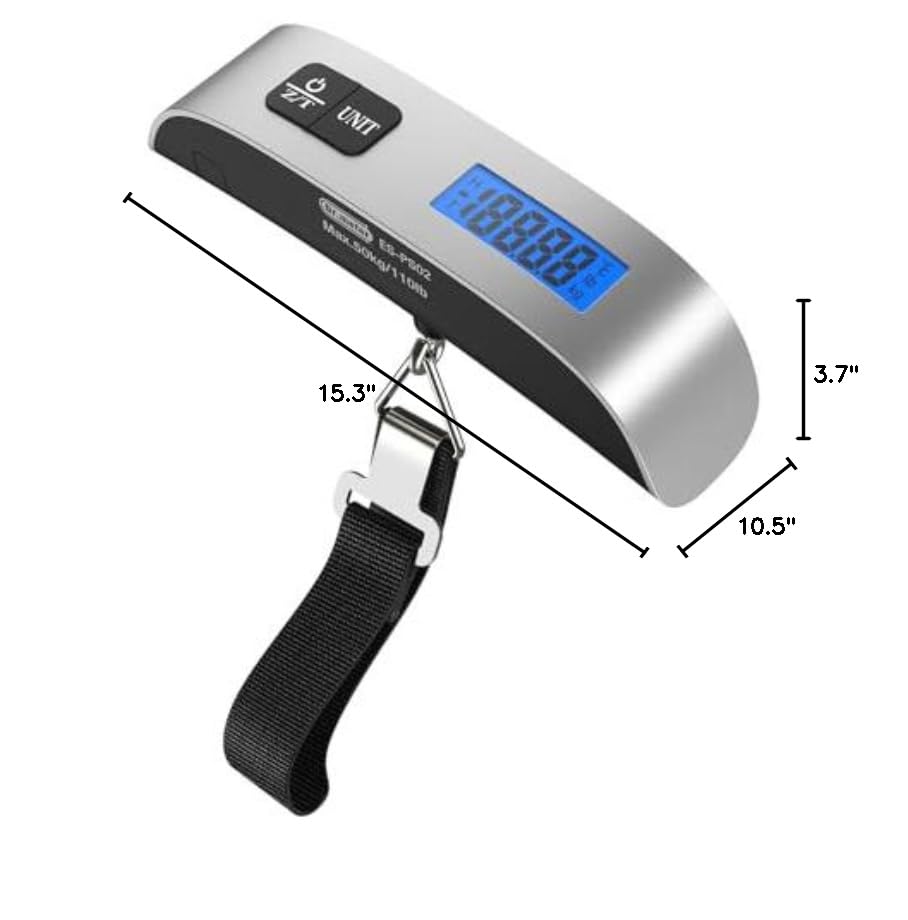 Dimensions of the Dr.meter IC-HS02 Digital Luggage Scale, showing a length of 5.12 inches, a width of 1.2 inches, and a strap length of 6.9 inches.