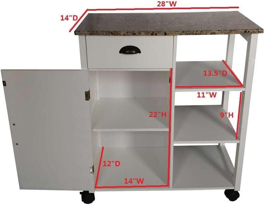King's Brand White Finish Wood & Marble Vinyl Top Kitchen Storage Cabinet Cart