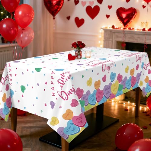Image of Gistome 3-Piece 54 x 108 Inch Valentine's Day Plastic Tablecloth - Colorful Candy Heart Disposable Table Covers for Valentine's Parties, Weddings, Classrooms, and Romantic Celebrations
