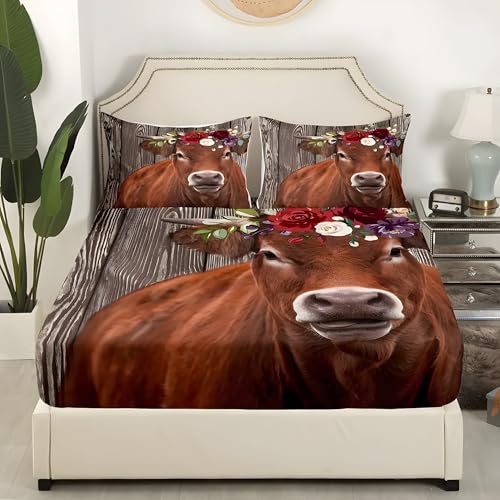 Sabana Bajera 135x190 Vaca MarróN Sabanas Bajeras Estampadas Retro Sábana Bajera Ajustable Suaves, Elastico Funda Colchon con 2 Funda Almohada 50x80 cm, para Colchón de 30cm de Altura