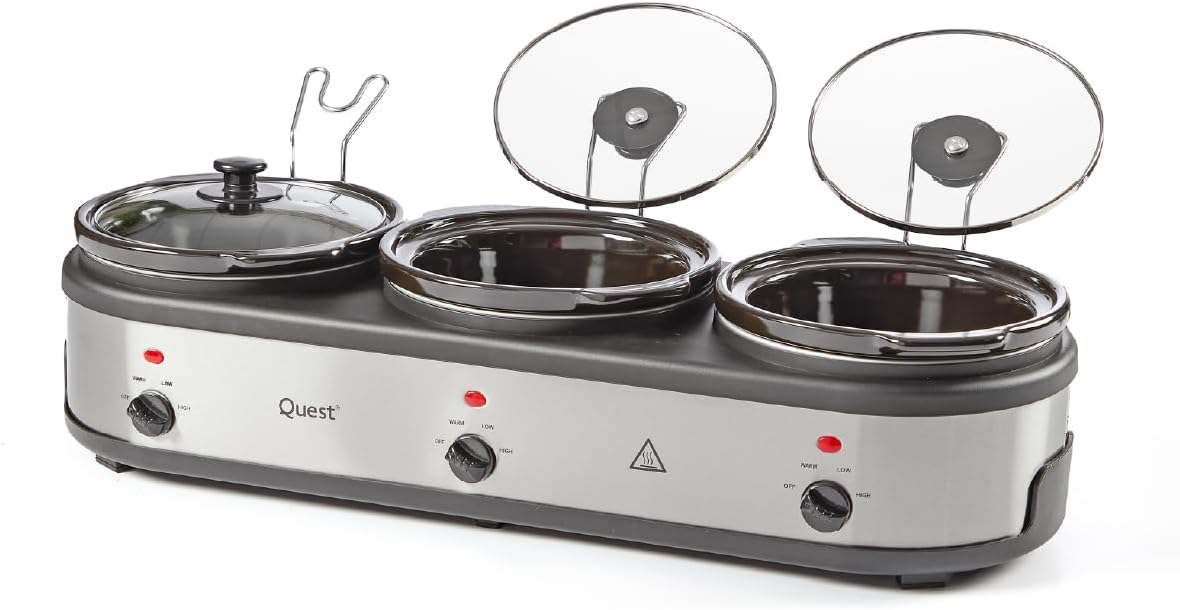 Quest Triple Slow Cooker, Buffet Server & Food Warmer, 7.5L Total Capacity - 3x 2.5 Litre Ceramic Pots, Easy to Clean, Includes Lids & Lid Stands, 3 Heat Settings