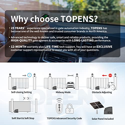 Topens Dkr500St Solar Sliding Gate Opener Rack Drive Automatic Gate Motor For Heavy Driveway Slide Gates Up To 1300 Pounds, Electric Gate Operator Battery Powered With Solar Panel Remote Control Kit #TOP2