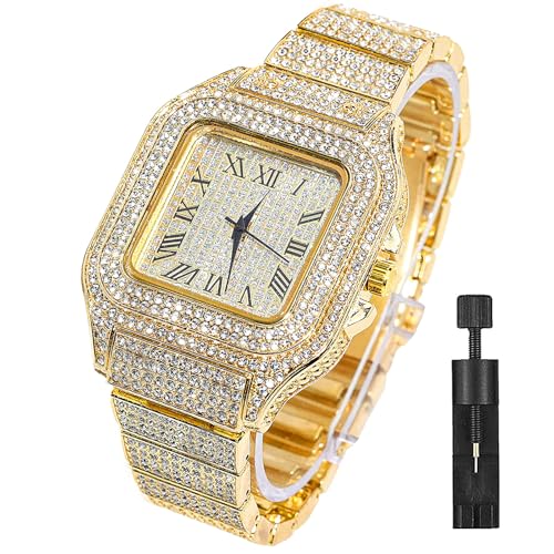 Apzzic Diamond Watch Iced Out CZ Fashion Delicate Cuban Link Watch Square Dial Quartz Wristband Analog Wrist Watch for Men Women Gold Color, AZWT02-GNA