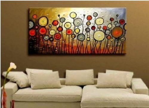 Zartsy 100% Hand Painted Abstract Landscape Warm MultiColor Flowers Artwork Home Wall Decor Art Oil Paintings on Canvas with Stretched Wood Frame Large Oversized 24 X 48 Inches