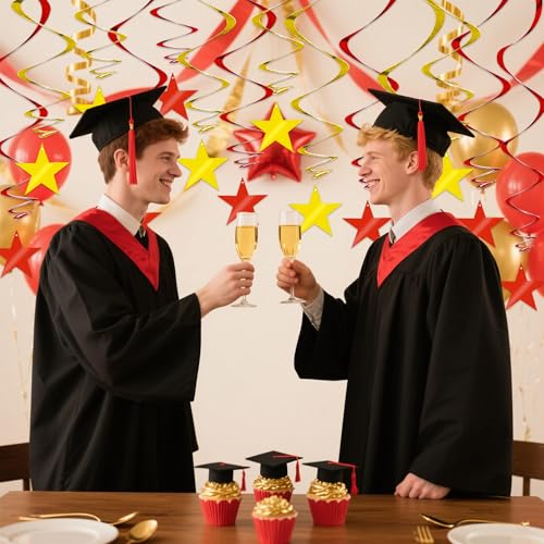 Image of BEISHIDA Red Gold Star Hanging Swirl Ceiling Hanging Decorations for Happy New Year 2026 Party Spring Festival Chinese Lunar Valentine Graduation Birthday Wedding Decorations, Pack of 15