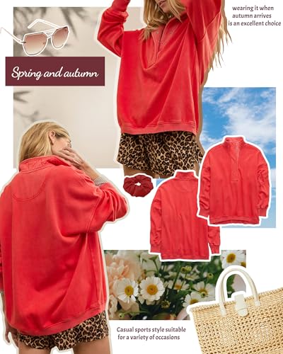 Gacaky Sweatshirt for Women Oversized Casual Long Sleeve Button Henley Neck Pullover Tops Fashion Outfits Clothes Red S