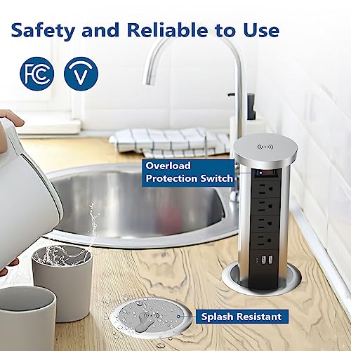 Btu JTL1101F Pop Up Outlet For Countertop, Receptacle Power Strip With Usb C & 4 Ac Outlet, Pull Popup Outlet Recessed Power Socket With 10W Wireless Charger For Kitchen Conference Office thumb #4