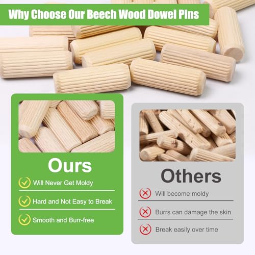 1/2\" x 1-1/2\" Wooden Dowel Pins, FoDau770 Fluted Wood Dowel Rods, Natural Beech Wood Dowel Pegs for Crafts, Woodworking, DIY Furniture - 200 Pieces - Thumbnail 4