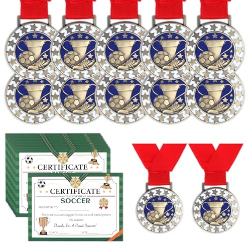 YONHTUTU 12 Pcs Soccer Award Medals with 12 Pcs Achievement Award Certificates Gold Soccer Medals Participation Medal for Sports Party Favors Team Gifts Competitions Celebration Game Prize Trophy