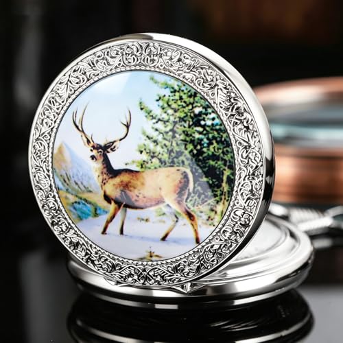 Image of Deer Pocket Watch for Men Pocket Watches with Chain Gift for Father's Day | Vintage Deer Case Pocket Watch Mens Quartz Watches with Chains Christmas Graduation Birthday Gifts Fathers Day