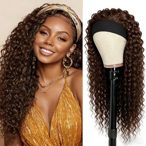 Image of XSY Curly Headband Wig Human Hair Deep Wave Chocolate Brown Headband Wigs for black women Glueless Brazilian Virgin Hair Wear and Go Wigs 150% Density 20 Inch