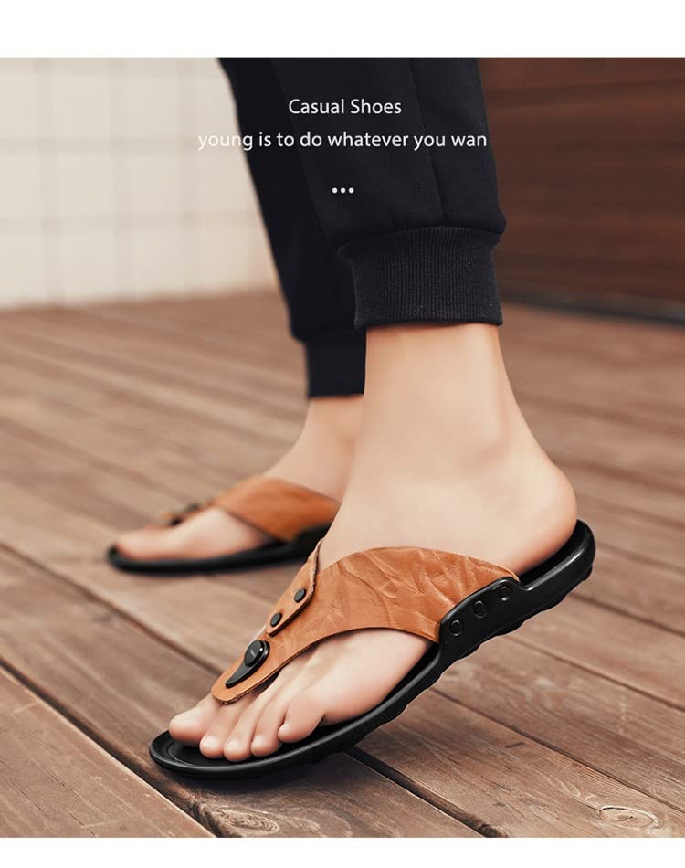 Men Flip-Flop Sandals Cowhide Beach Shoes Flip Flops Leather Sandals Men's Casual Sandals(White-Patch Five-Pointed star4,45 Code)4