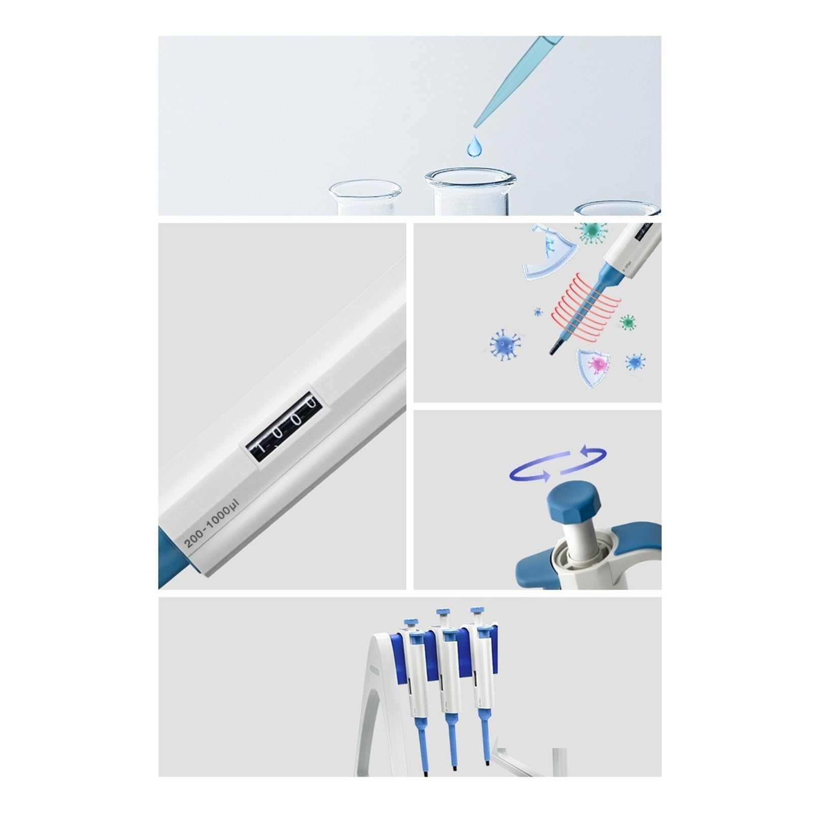 Pipeta Micropipeta De 2 Uds, Canal Único, Multicanal, Manual, Rango Continuamente Ajustable, Laboratorio 0,1μl-1000μl para laboratorio(50-200ul)