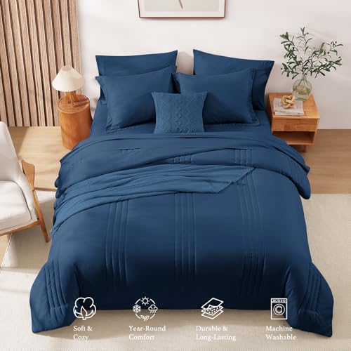 Image of Monbix King Size Comforter Set - 7 Pieces Serenity Blue Bed in a Bag, King Size Bedding Sets with Comforters, All Seasons Comforter with Sheets,Pillowcases & Shams
