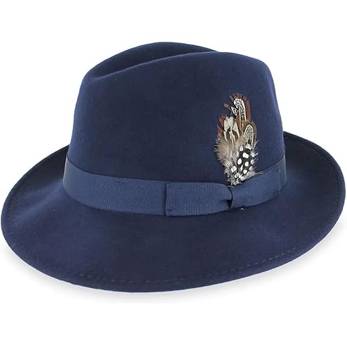 Belfry Crushable Dress Fedora Men's Vintage Style Hat 100% Pure Wool in Black Blue Grey Pecan Brown and Striped Bands