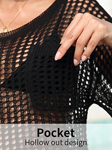 Sociala Swimwear Crochet Coverups With Pocket Fashion Side Split Beach Bikini Bathing Suit Cover Up Black Small #TOP1