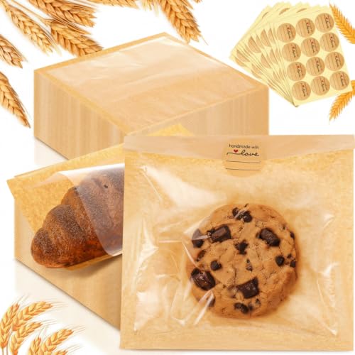 Outus 100 Pcs Cookie Packaging Bags with Seal, 7.1 x 7.5 Inch, Brown