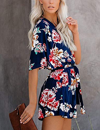 Relipop Women's Jumpsuit Floral Print V Neck Flared Half Sleeve Elastic Tie Waist Ruffle Hem Romper #TOP4