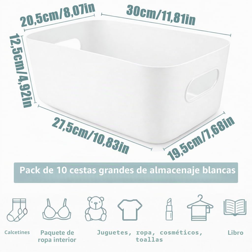 SHUESS 10 cajas de almacenamiento de plástico, 30 x 20 x 12,5 cm, grandes cestas blancas, cajas de almacenamiento, cajas organizadoras de plástico con asa, caja de plástico apilable para cocina