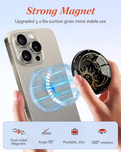 Image of Magnetic Phone Grip, Cute Finger Grip Phone Stand, Black Sun Moon