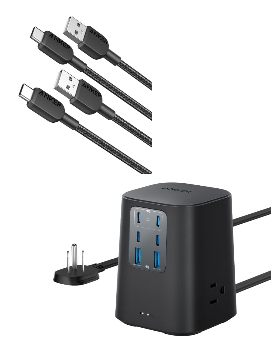 USB C Cable, [2 Pack, 3ft] 310 USB A to USB C/USB A to Type C Charger Cable Charging Station (100W), 9-in-1 USB C Power Strip with 300J Surge Protection