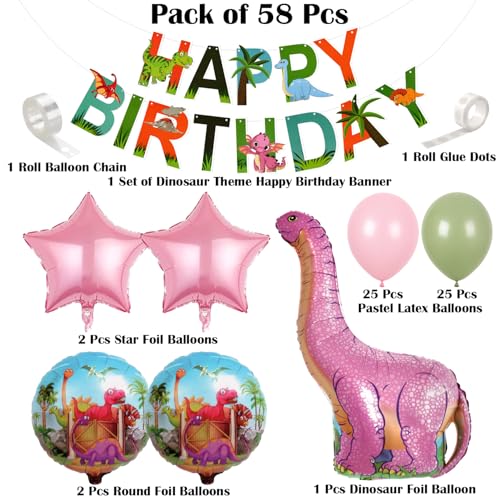 Image of Rozi Decoration Dinosaur Theme Birthday Decoration Kit for Girls, Kids Party, 58 Pcs Pink Dinosaur Birthday Decorations Set | Happy Bday Decorative Items for Kids