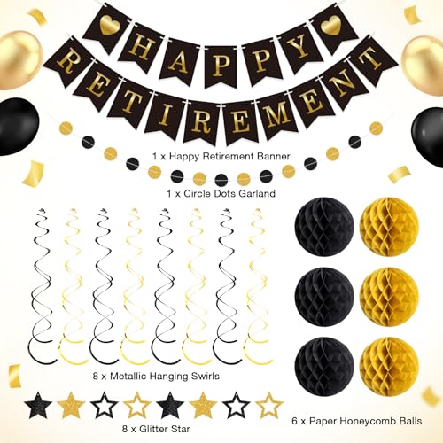 Image of Epakh 24 Pcs Retirement Party Decorations Black Gold Happy Retirement Banner Glitter Stars Hanging Swirl Streamers Honeycomb Balls Circle Dots Garland for Farewell Going Away Job Change Party
