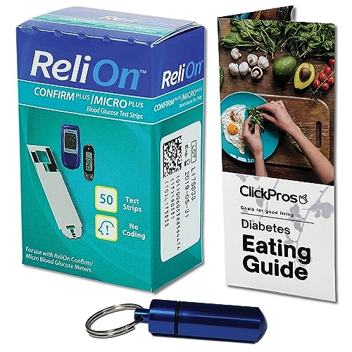 ReliOn Reli on Confirm Micro Blood Glucose Test Strips, 50 Ct Bundle I Includes Exclusive ClickPros “Diabetes Eating Guide” and Portable Pill Container (3 Items)!