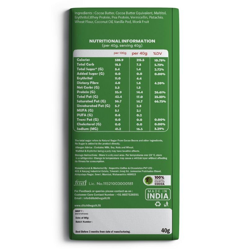 Image of Ditch the guilt - Dubai Kunafa White Chocolate - Sugar Free Chocolate - 14g Protein - 1g Natural Sugar - 1.3g Carbs - 40g