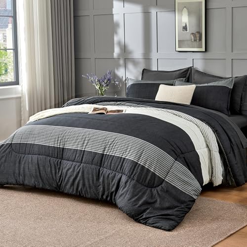 Andency Queen Comforter Set 7 Pieces Bed in a Bag - Black White Grey Striped Lightweight Soft All...