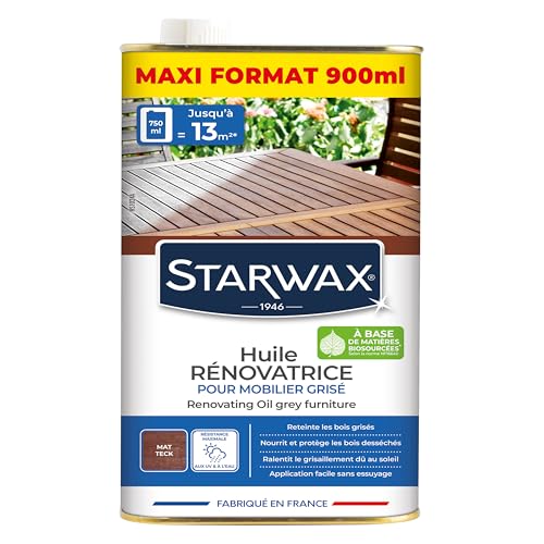 STARWAX - Huile rénovatrice pour mobilier de jardin en bois grisé - Reteinte - Nourrit et protège les bois desséchés - Ralentit le grisaillement - Couleur Mat Teck...