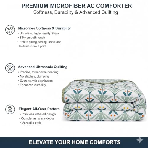 Image of IVAZA Luxury Ultrasonic Punch AC Comforter Blanket - Quilted Microfiber Floral Pattern, Lightweight Breathable All‑Season Blanket for Bedroom, Travel (Singled Bed,228x152 CM) (Green White