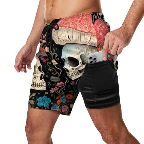 Men's Quick-Dry Swim Trunks with Compression Liner,Comfortable Mushroom Beach Shorts