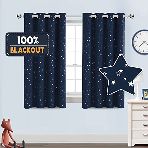 Image of PrinceDeco Blackout Kids Curtains for Bedroom Thermal Insulated Silver Twinkle Star Curtains for Boys Antique Grommet Top Window Treatment 2 Panels Drapes for Nursery (52" W x 54" L, Navy/Silver)