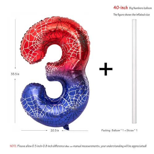 Image of 40 In Red And Blue Spider Theme Large Number 3 Balloon | Giant Large Helium Foil Balloon for Boy or Girl 3 th Birthday Wedding Anniversary Baby Shower Party Decorations