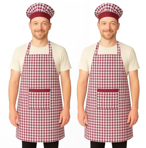 Image of Switchon Checkered Cotton Kitchen Cooking Apron with Chef Hat - Pack of 2 | Multi-Purpose Chef & Waiter Apron for Men & Women | Home, Hotels, Restaurants & Cafes | Proudly Made in India