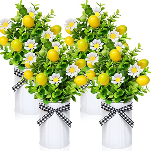 4 Pack Lemon Mason Jar Table Centerpiece, Artificial Lemon Home Centerpieces Fake Lemon Daisy Plants with Faux Leaves for Summer Wedding Farmhouse Office Kitchen Bathroom Dining Table Centerpiece