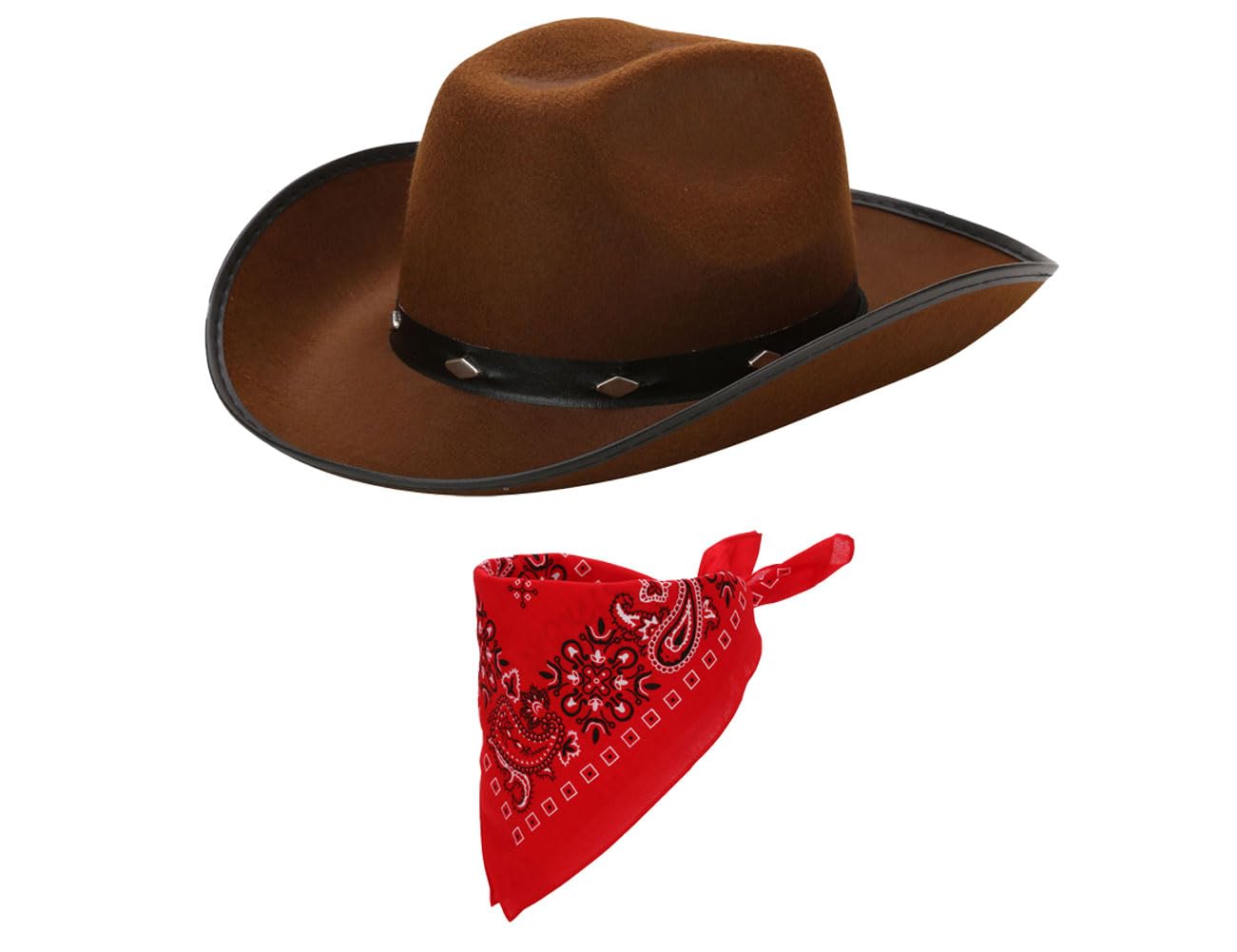 Brown Western Cowboy Hat and Red Bandana for Men, Hen Stag Fancy Dress, Cowgirl Hats, Adult Party Accessories, 56cm