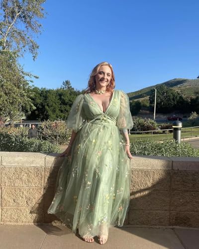 Fivsole Off Shoulder Prom Dress - Puffy Sleeve Floral Embroidered Tulle | Tea Length Formal Gown