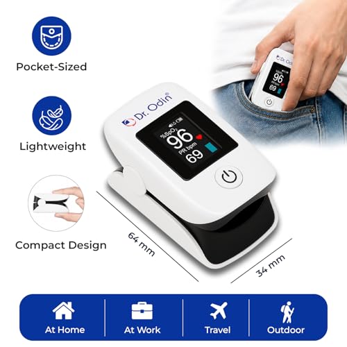 Image of Dr. Odin OPO102 Fingertip Pulse Oximeter Measures SpO2, Pulse Rate & Perfusion Index with OLED Display, Adjustable Brightness, Beep Alarm & Auto Power Off (White)