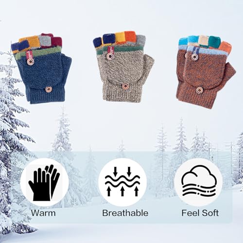 Kids Winter Gloves, Warm Knitted Convertible Fingerless Gloves for Baby Boy Girl with Mittens Cover Cap2