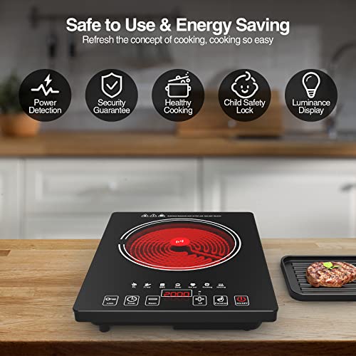 POTFYA Electric Cooktop 220V, 2000W Single Burner Electric Hot Plate with Plug 15A,8 Power Levels Electric Stove Top, Led Display, Kids Lock & Timer, Induction Cooktop for all Pans - Image 4